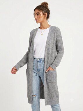 Cozy Gray Longline Ribbed Cardigan – Mid-Thigh Duster with Pockets